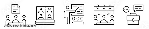 Conjunto de iconos de reuniones ejecutivas. Encuentros estratégicos. Decisiones grupales, reunión virtual, presentación de propuesta, agenda grupal y comunicación. Ilustración vectorial 