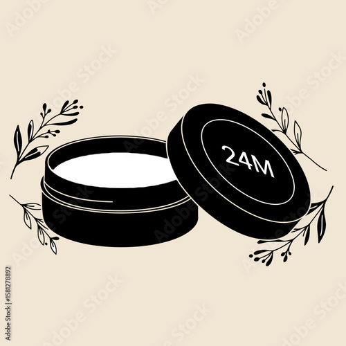 24M Cosmetic Container Icon – Minimalist Open Jar with Floral Elements Indicating Shelf Life