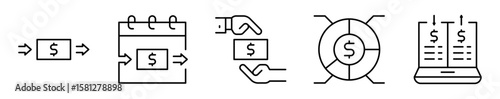 Conjunto de iconos de flujo de efectivo. Ingresos y egresos. Transacción financiera, gestión de pagos, intercambio monetario, liquidez y análisis de capital. Ilustración vectorial