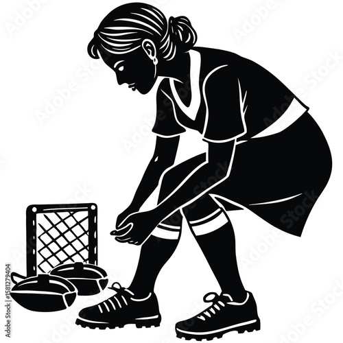 Woman athlete tying shoelaces before a curling match with stones and net