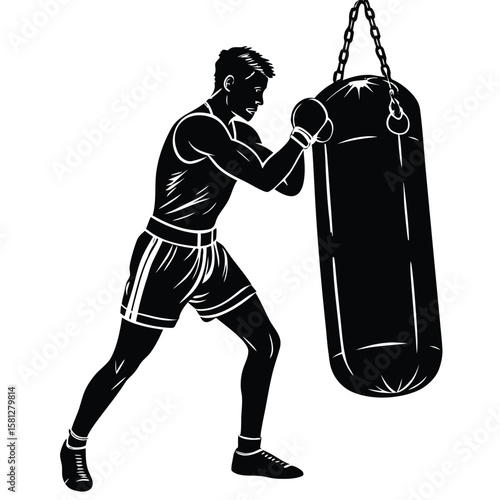 Silhouette of a boxer training with a punching bag