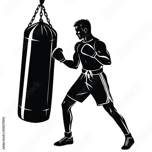 Silhouette of a boxer training with a punching bag in a dynamic pose