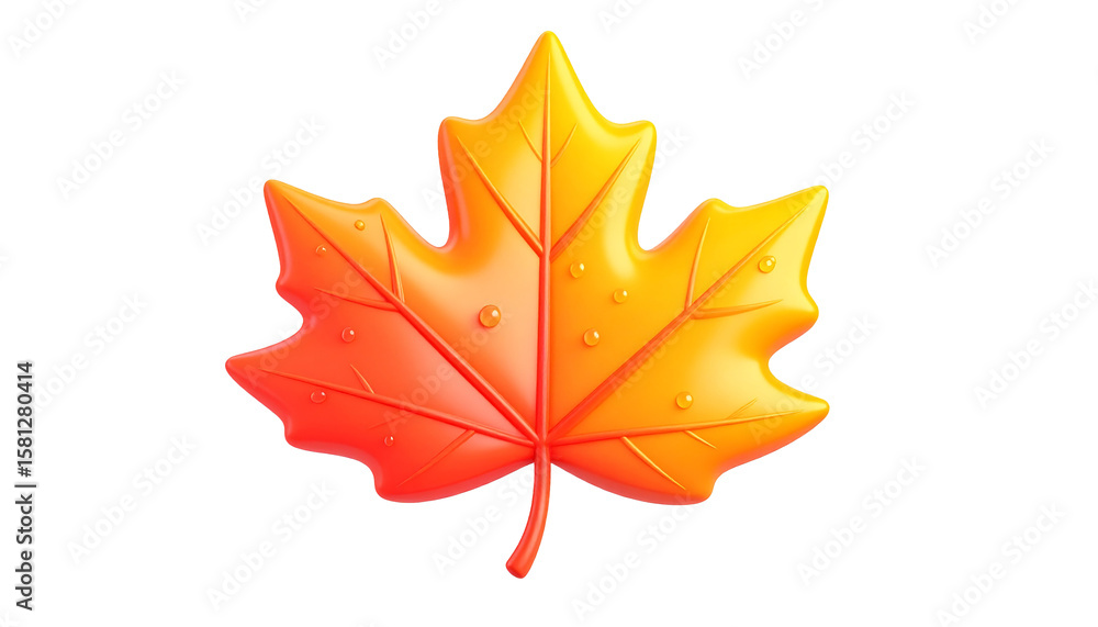 Obraz premium 3D Cartoon Maple Leaf in Vibrant Autumn Gradient with Dew Drops