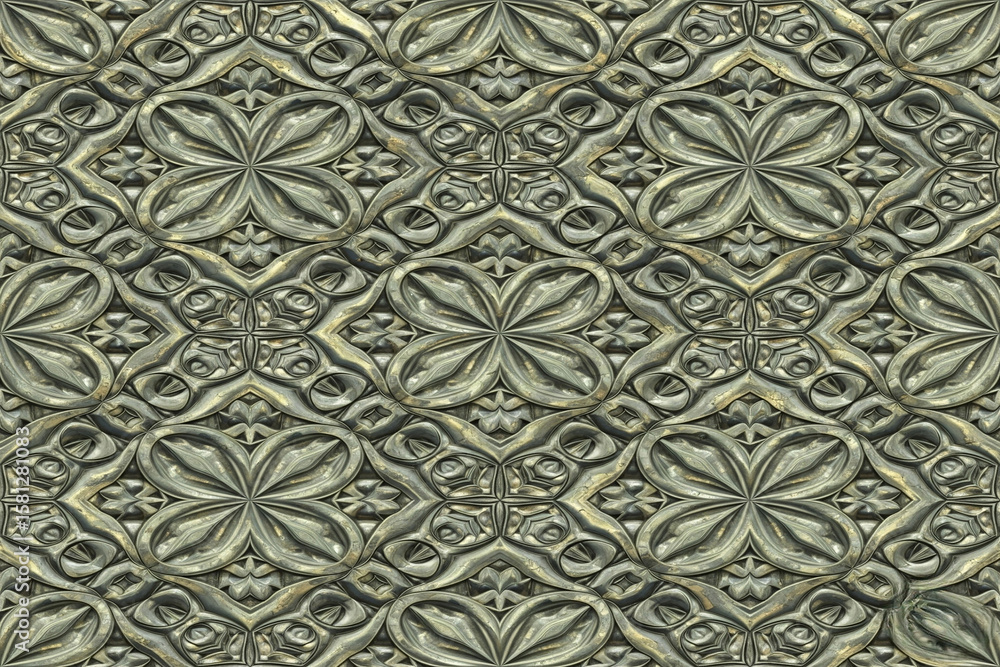 This image features a detailed, seamless pattern reminiscent of antique carved metal or stone. It displays repeating ornate floral and geometric motifs with a textured, metallic sheen and an aged, sli This image features a detailed, seamless pattern reminiscent of antique carved metal or stone. It displays repeating ornate floral and geometric motifs with a textured, metallic sheen and an aged, sli