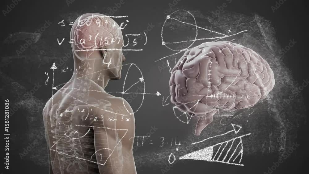 At start model rotating head, torso, chalkboard formulas fading brain adjusting showing anatomy