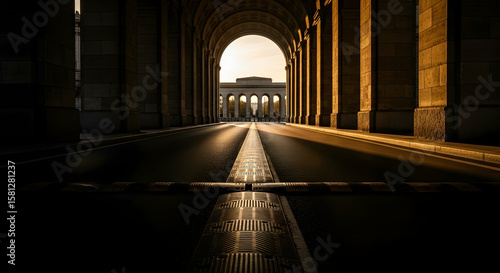 Golden light illuminates the EUR district's architecture in Rome, Italy creating a stunning perspective view