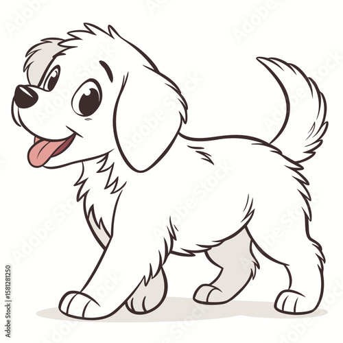 Illustration of a fluffy white puppy with black outlines standing and sticking its tongue out happily created with generated ai