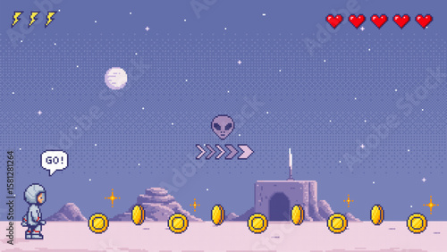 Astronaut exploring alien planet in pixel art game level. Retro arcade style video game universe. Concept for digital entertainment.