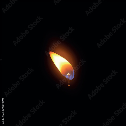 Fiery candle flame on wick. Isolated realistic icon.