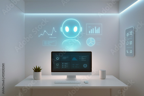 Futuristic Minimalist Office Desk with Glowing AI Assistant Hologram Displaying Graphs in Smart Digital Workspace