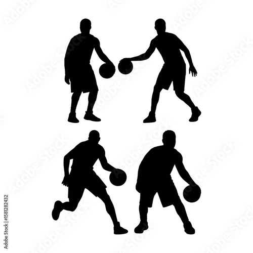 Silhouettes of basketball players dribbling and passing the ball