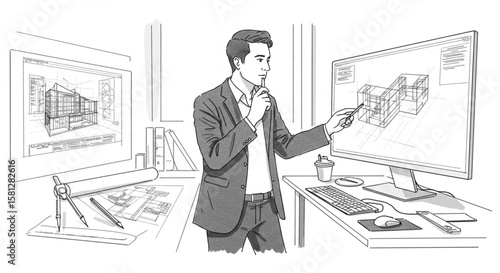 Diligent architect focused on 3D building design, combining classic blueprint drafting with advanced digital modeling for innovative architectural development.