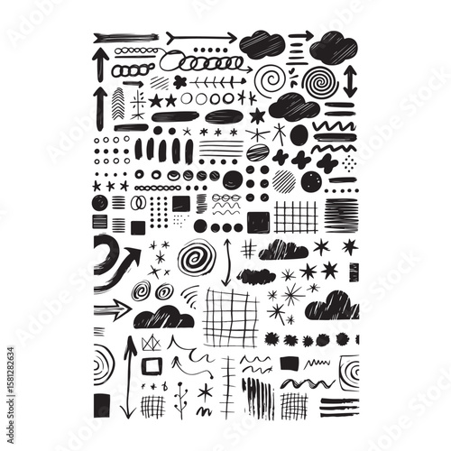 Collection of hand drawn black doodle elements including arrows clouds stars circles squares and various abstract shapes on white