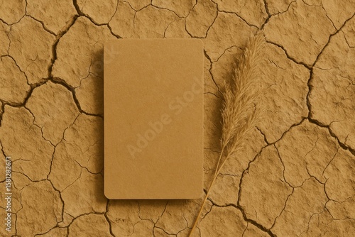 Minimalist stationery mockup featuring a closed blank notebook with a recycled paper cover resting on cracked, dry ground alongside a dry grass stalk, highlighting nature's fragility