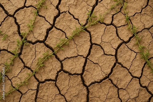 Small green plant thriving in cracked, dry earth during a drought, illustrating the remarkable resilience of nature amidst harsh, arid conditions and environmental challenges