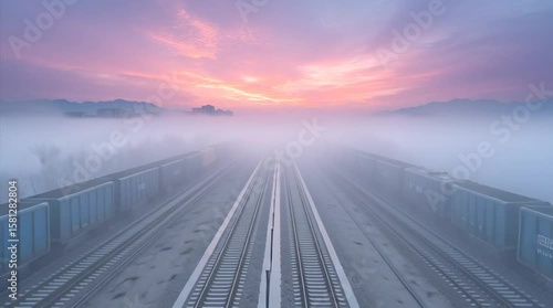 Railroad Track in the Mist: An evocative scene of parallel railway tracks vanishing into a thick, ethereal fog under a pastel-colored sky, creating a sense of mystery and journey. 