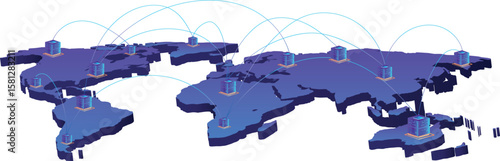 A Isometric 3d  world map Global, business and technology  concept of connections and information transfer in the world highlighting city connections with data servers
