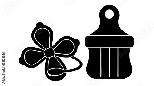 Illustration of a baby bottle and a flower rattle toy in black and white simple vector graphic design