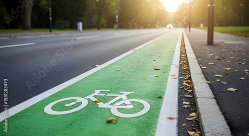 Green bicycle lane in a city park on a sunny autumn day promotes eco-friendly transportation