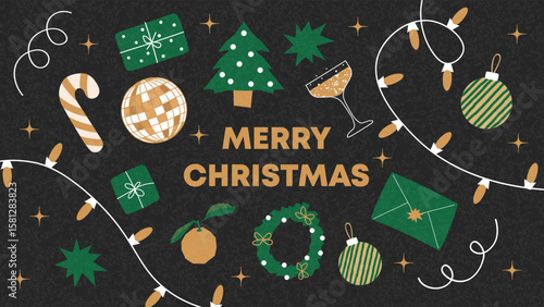 Merry Christmas and Happy New Year! 2026. Vector modern abstract illustration of  christmas tree, tree toys and balls, gift for greeting card, for congratulation