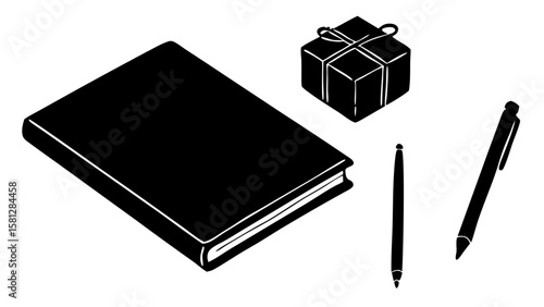 Illustration showing a closed book, a gift box, a stylus and a pen on white background