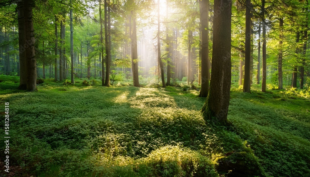 Fototapeta premium a serene forest scene with fresh greenery and sunlight filtering through the dense canopy