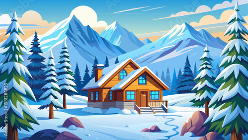 Snowy mountain cabin with pine trees winter landscape illustration vector Very beautiful