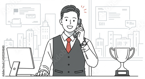 Professional businessman achieves success, smiling while on a phone call in his office. Line art illustration with a trophy symbolizing victory and achievement.
