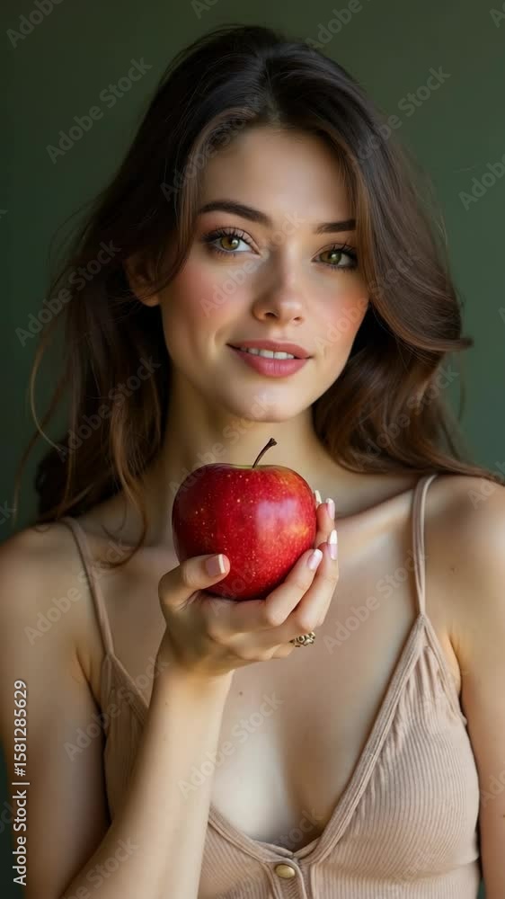 A young woman with long hair holds a red apple close to her chest while looking directly at the camera. A young woman with long hair holds a red apple close to her chest while looking directly at the camera.