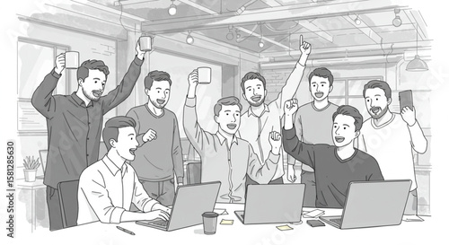 Monochrome illustration of a development team achieving a goal, cheering happily in front of their laptops in a startup office.