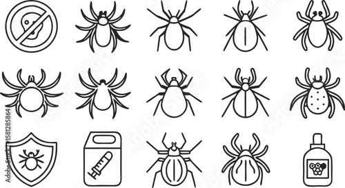 Thirty Black and White Thin Line Art Icons Illustrating Various Tick Species Prevention and Treatment Methods Including a No Ticks Symbol