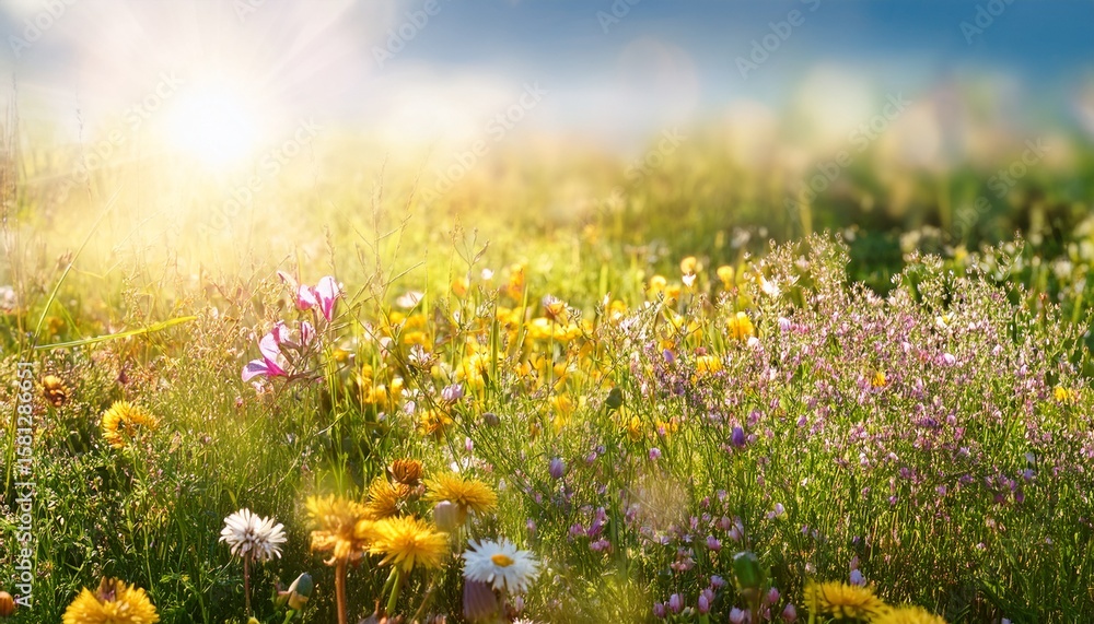 Fototapeta premium soft focus spring meadow with colorful wildflowers under gentle sunlight