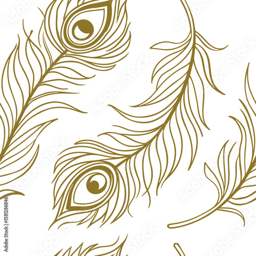 Elegant gold outline peacock feather pattern seamless illustration with transparency