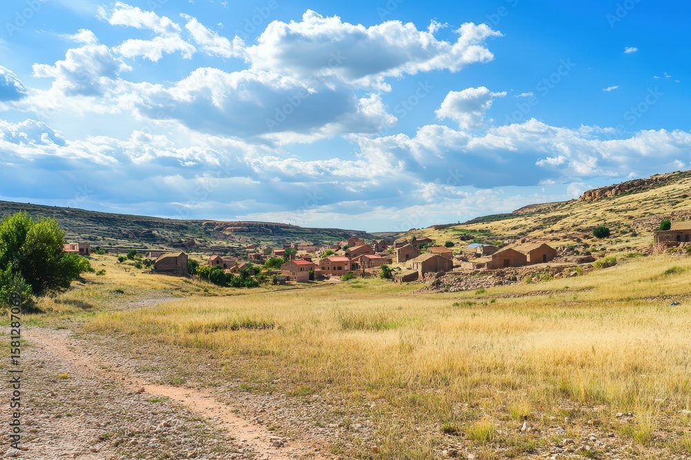 Naklejka premium Scenic village nestled in a valley under blue sky