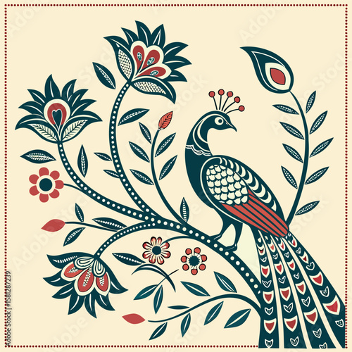 Elegant peacock illustration perched on a flowering branch with ornate floral accents