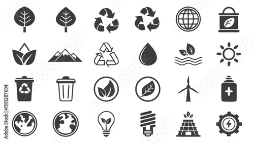 Thirty Solid Black Glyph Icons Depicting Environmental Concepts Recycling Symbols Leaves Trees Mountains Water Energy Sources and Waste