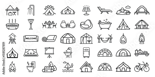 Collection of outdoor recreation and camping icons in a simple line art style