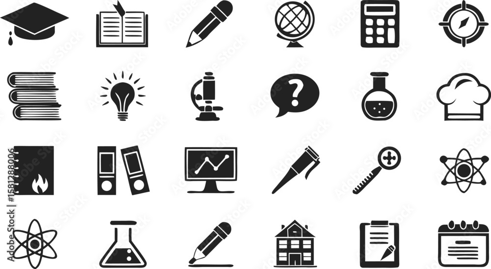 Obraz premium Thirty Solid Black Glyph Icons Set Education Science Research Symbols Graduation Cap Books Pencil Globe Calculator Compass Microscope