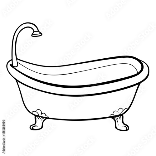 Vintage clawfoot bathtub with faucet in minimalist line art style  