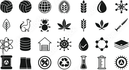 Thirty Solid Black Glyph Icons Set Including Volleys Wheat Plants Leaves Atom Molecule Data Warehouse Recycle Symbol and More