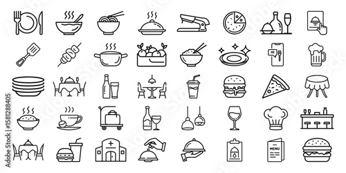 Collection of restaurant and food service icons in a clean outline style