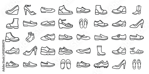 Collection of diverse footwear icons including heels boots sneakers and sandals