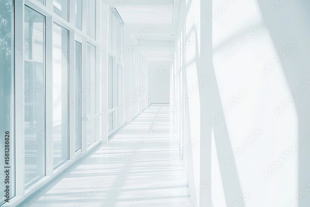 Obraz premium White corridor with large windows. Sunlight casts shadows