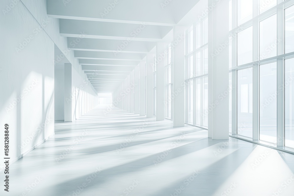 Obraz premium Vast, sunlit white hallway with large windows