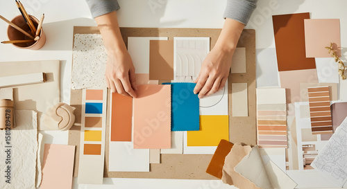 Hands choosing color swatches for interior design with earth tone palette and moodboard