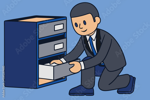 Smiling businessman in a suit kneeling to open a drawer in a blue filing cabinet on a light blue background