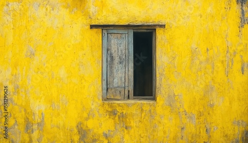 Aged yellow wall with a weathered wooden window