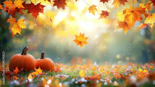 Autumn leaves and pumpkins fall scene