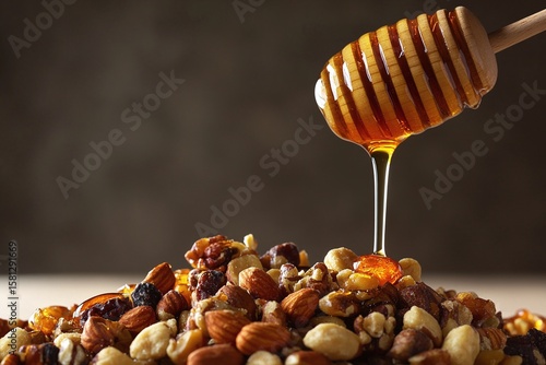 Honey Drizzled Over Mixed Nuts On A Wooden Surface
