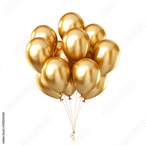 Golden balloons float on a black background, ideal for festive events and celebrations element isolated on transparent background.